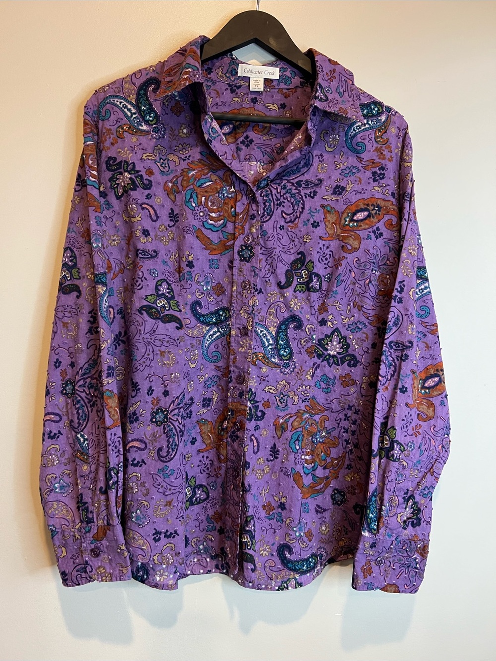 Coldwater Creek Textured Button Up Blouse Size 1X Purple Paisley Long Sleeve